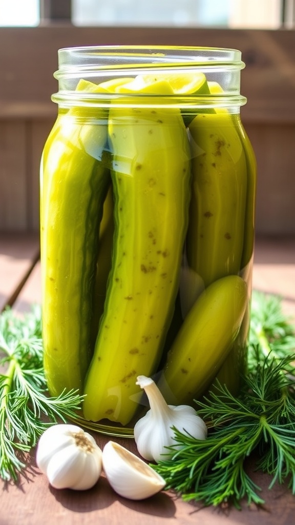 A jar of garlic dill pickles with fresh dill and garlic on a wooden table.